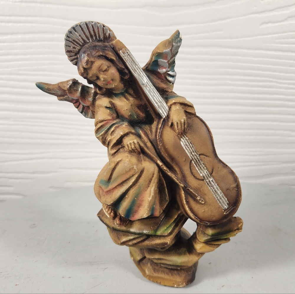 Vintage Italian Angel Figurine: Gold Tone Resin Cello Player 4.5" Tall